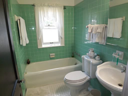 The vintage bath has a large walk-in shower, too.